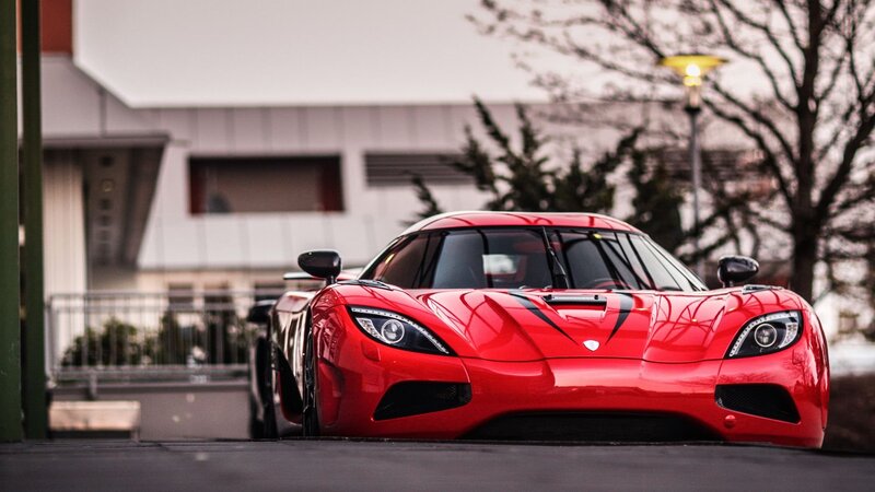 Red Sports Car — Dramatic, Winter, Photograph, Building, Tree