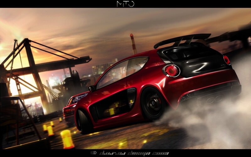 Red sports car drifting at sunset
