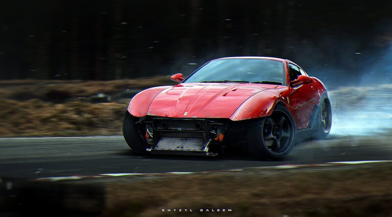 Red Sports Car Drifting — Dramatic, Digital Art
