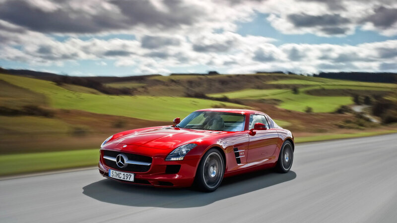 Red Sports Car — Dynamic, Afternoon, Photograph, Road, Hills, Clouds