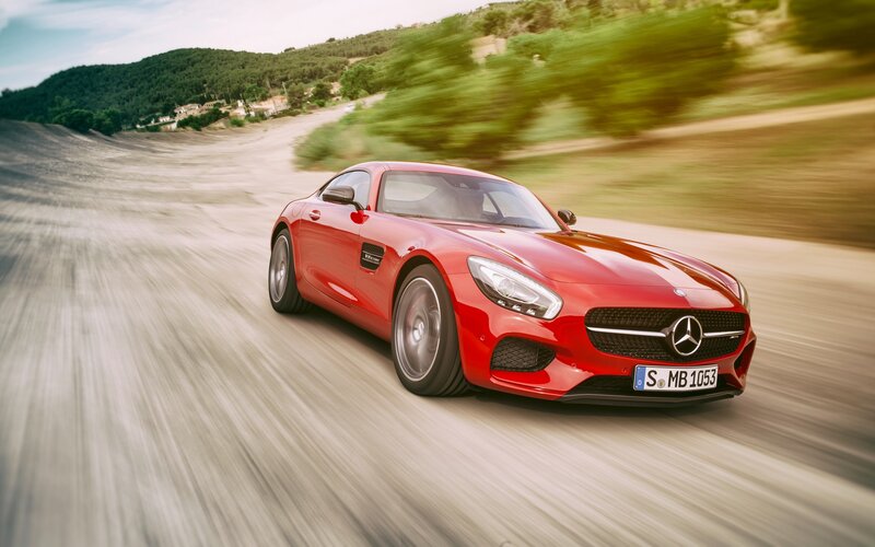 Red Sports Car — Dynamic, Afternoon, Photograph, Road, Hills, Trees