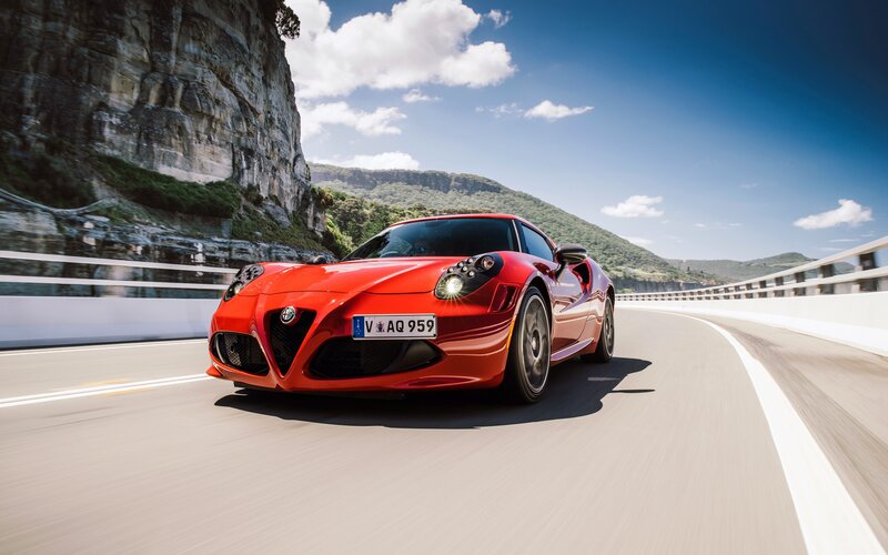 Red Sports Car — Dynamic, Afternoon, Photograph, Road, Mountain, Bridge