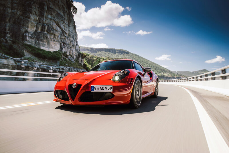 Red Sports Car — Dynamic, Afternoon, Photograph, Road, Mountain, Sky