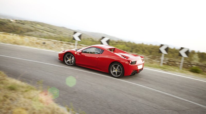 Red Sports Car — Dynamic, Afternoon, Photograph, Road, Signs