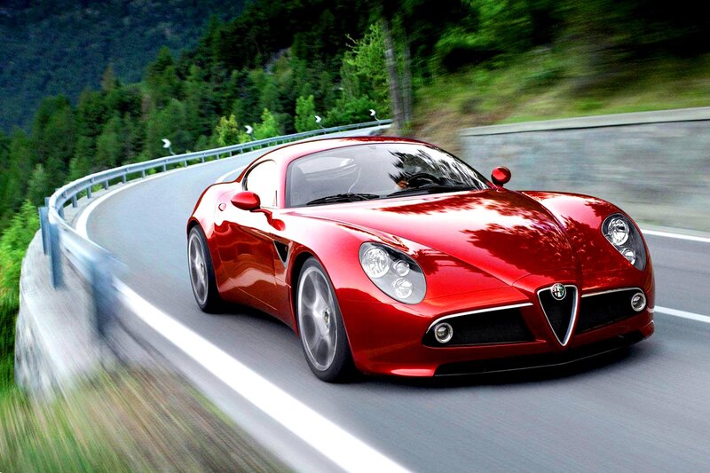 Red Sports Car — Dynamic, Afternoon, Photograph, Road, Trees, Guardrail
