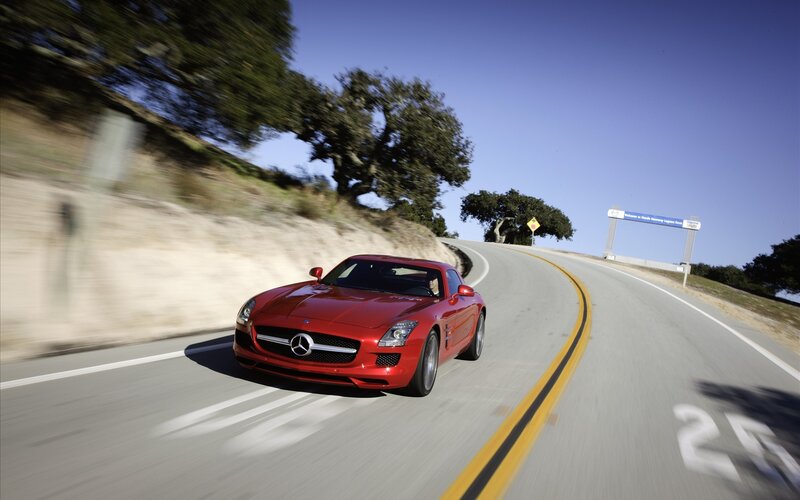 Red Sports Car — Dynamic, Afternoon, Photograph, Road, Trees, Sign