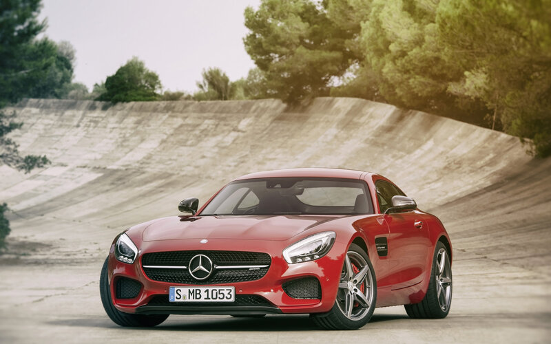 Red Sports Car — Dynamic, Afternoon, Photograph, Trees, Concrete Wall