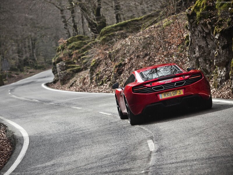 Red Sports Car — Dynamic, Autumn, Photograph, Road, Trees, Rock