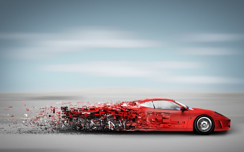 Red Sports Car — Dynamic, Digital Art, Sky, Road