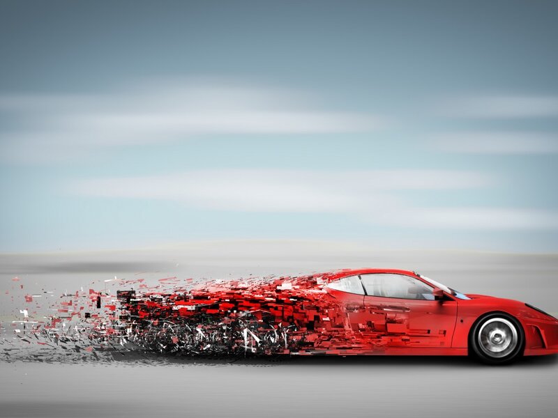 Red Sports Car — Dynamic, Digital Art, Sky