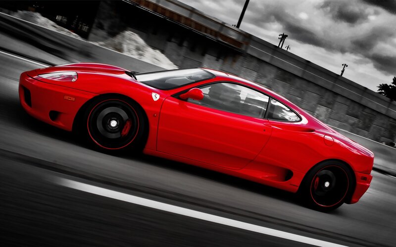 Red Sports Car — Dynamic, Photograph, Road, Bridge, Clouds, Black