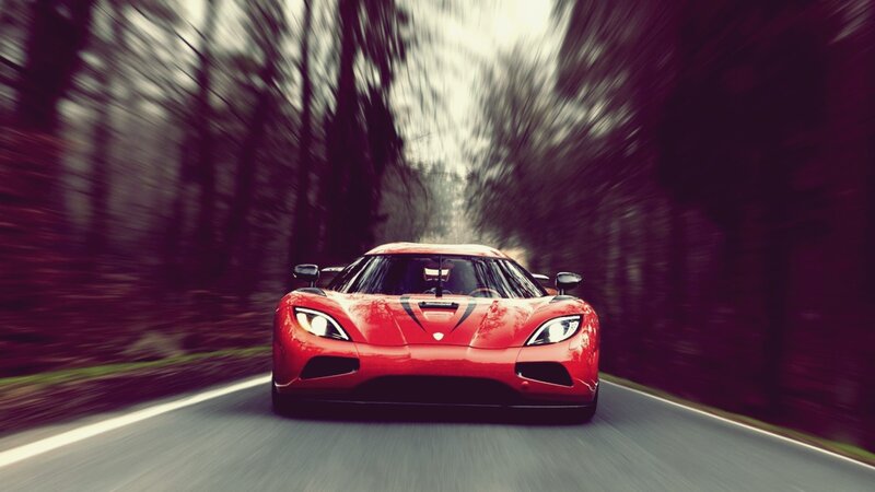 Red Sports Car — Dynamic, Photograph, Road, Trees