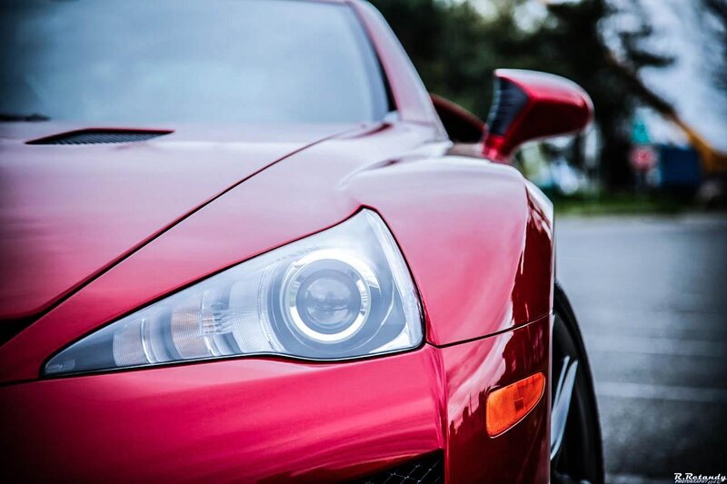 Red Sports Car Front — Dramatic, Photograph, Headlight, Side Mirror