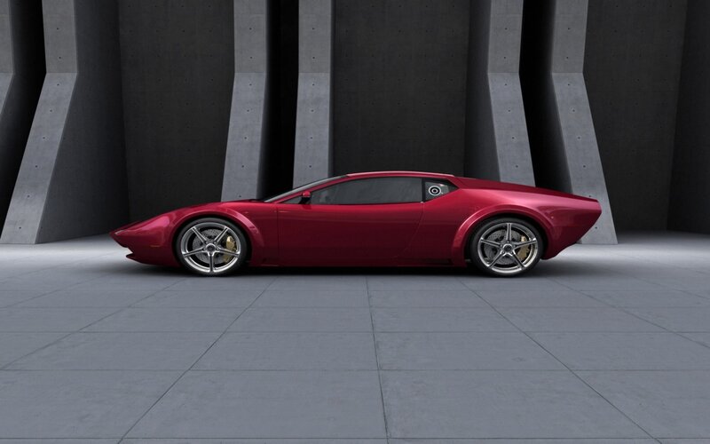 Red sports car in a modern space