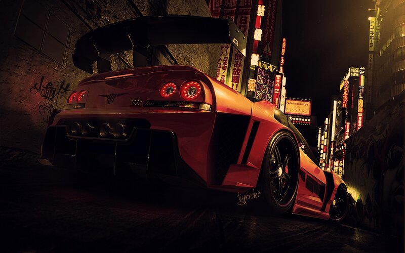 Red Sports Car in Alley — Dramatic