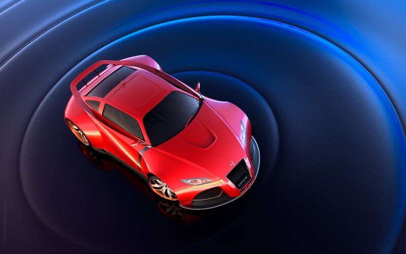 Red sports car in blue tunnel