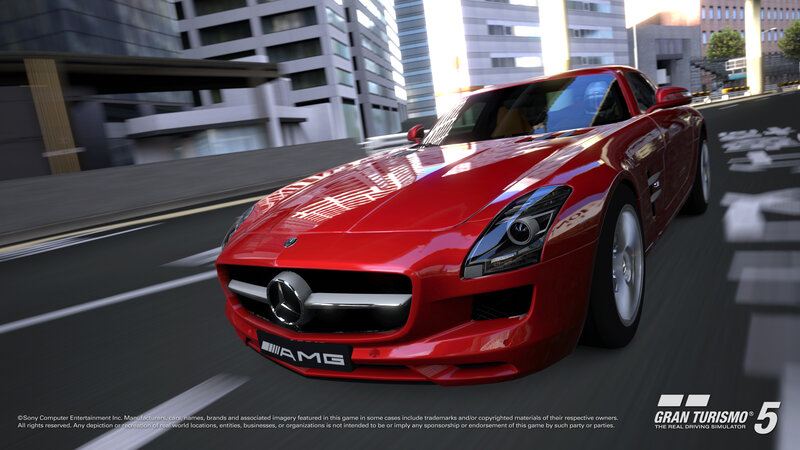 Red sports car in city