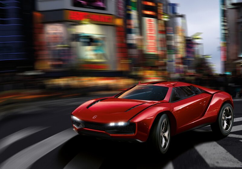 Red sports car in city