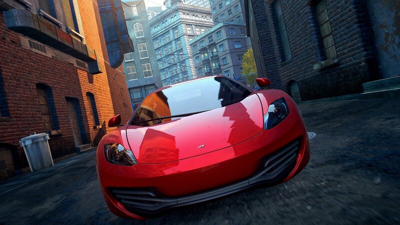 Red sports car in city alley