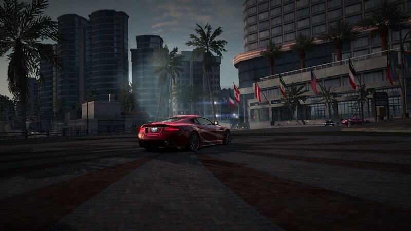Red sports car in city scene
