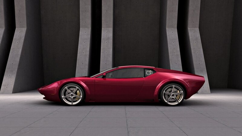 red sports car in concrete space