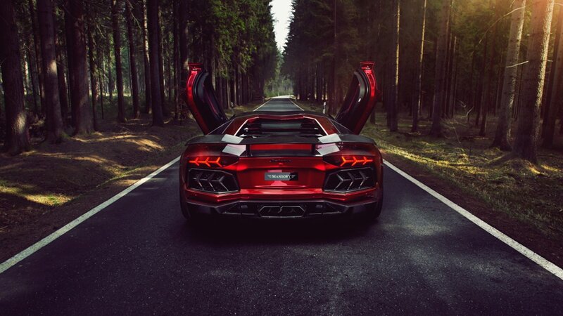 Red sports car in forest