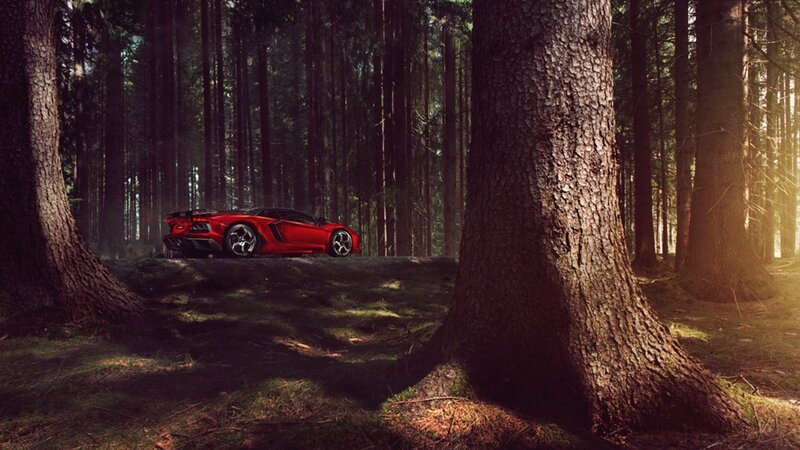 Red sports car in forest