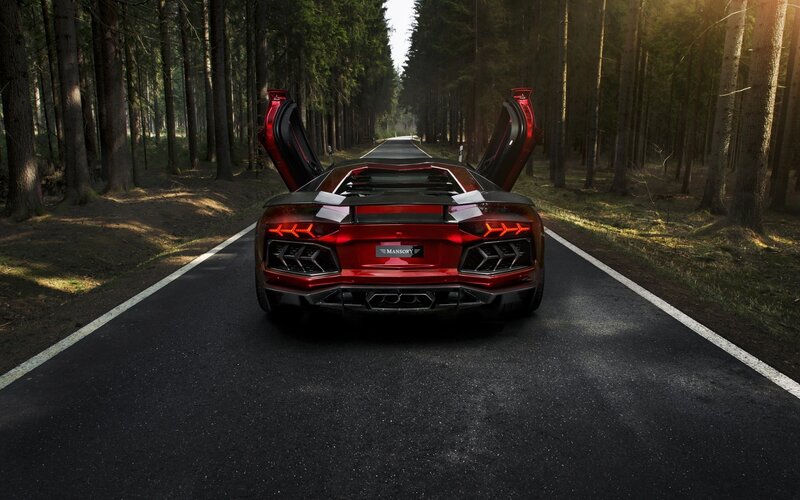Red sports car in forest