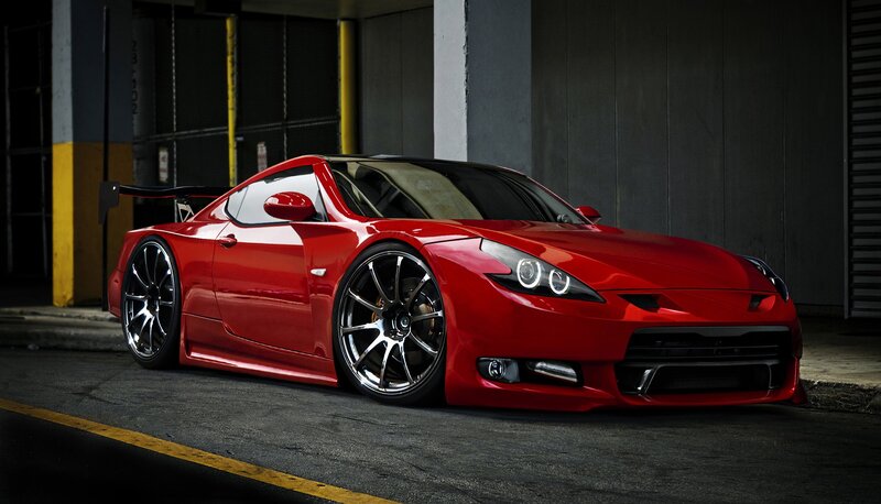 red sports car in garage