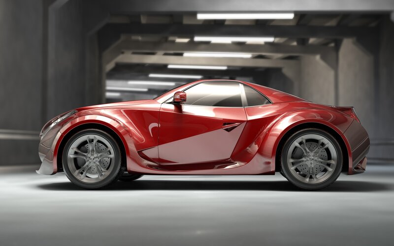 Red sports car in garage
