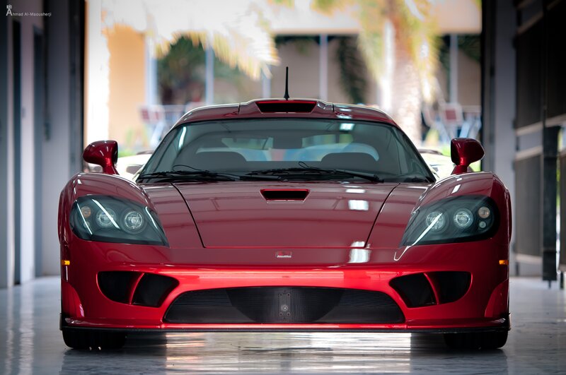 Red sports car in garage