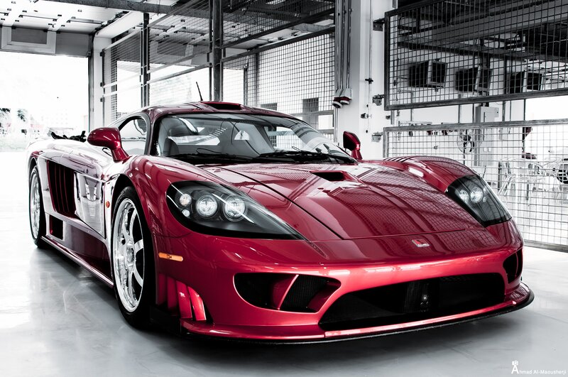 Red sports car in garage