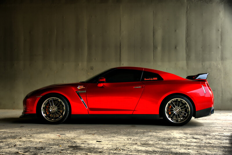 Red sports car in garage