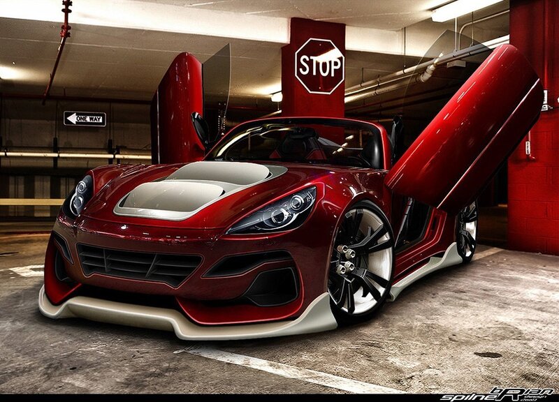 red sports car in garage