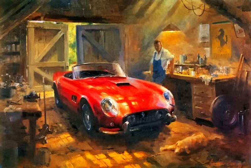 Red Sports Car in Garage — Dramatic