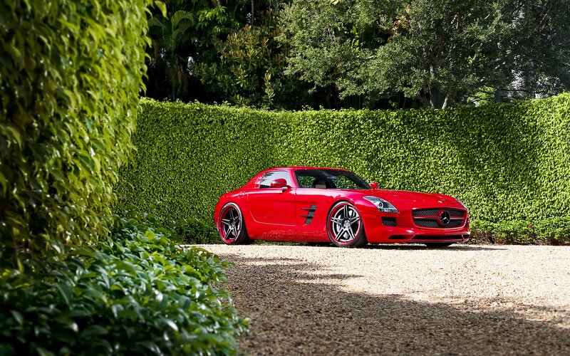 Red sports car in garden