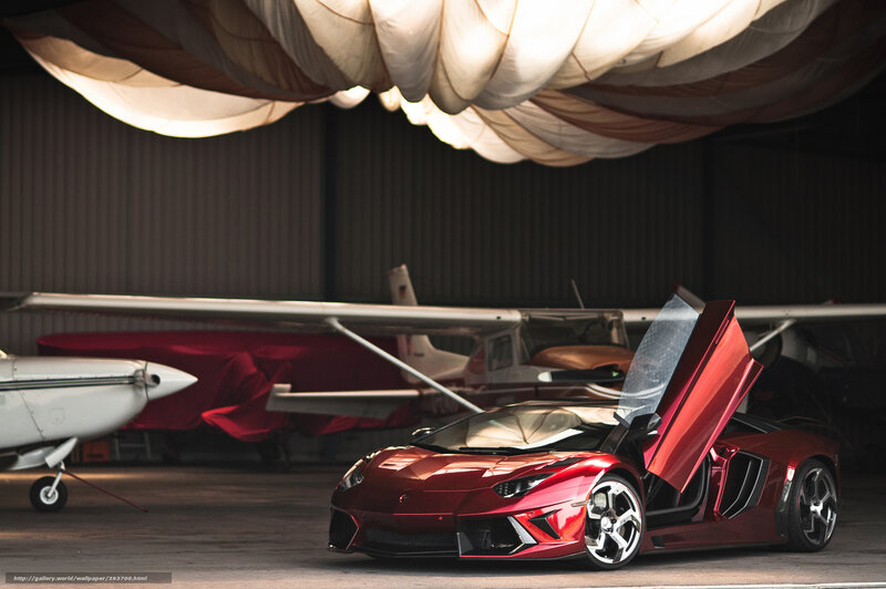 Red Sports Car in Hangar — Dramatic, Photograph, Airplane, Parachute