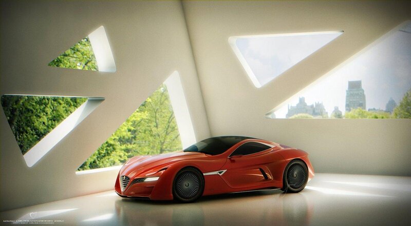Red sports car in modern gallery