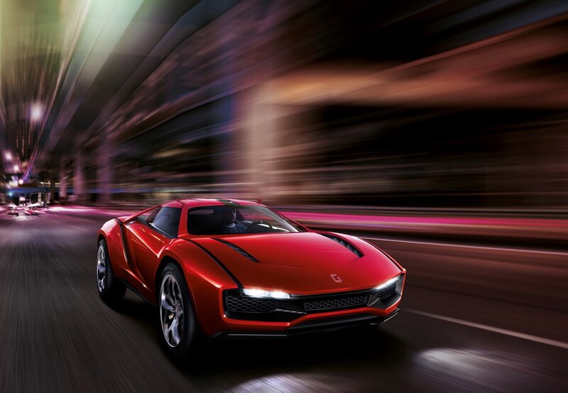 Red sports car in motion