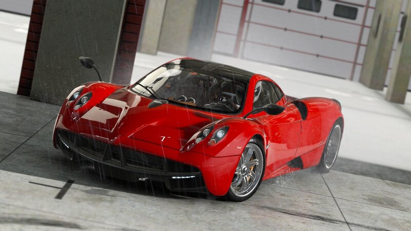 Red sports car in rain