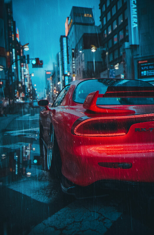 Red Sports Car in Rain — Dramatic, Night