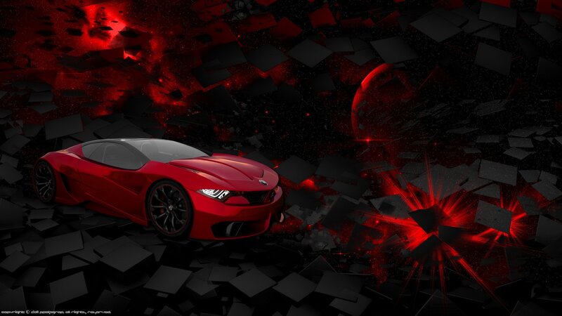 Red sports car in shattered environment
