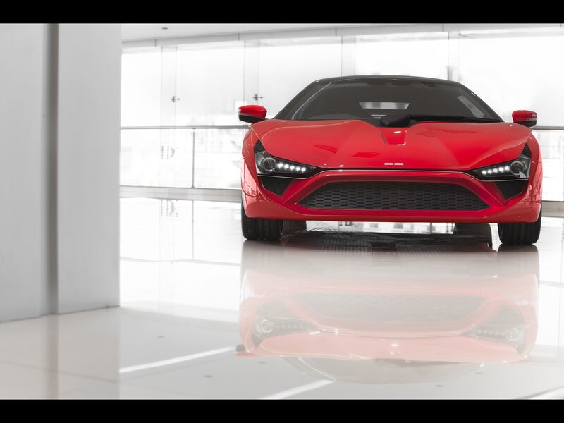Red sports car in showroom