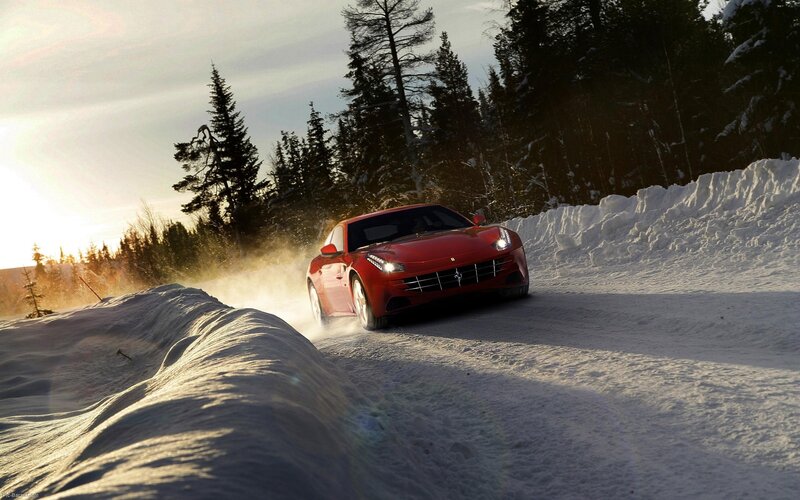 Red Sports Car in Snow — Dramatic, Winter, Photograph, Trees, Sun