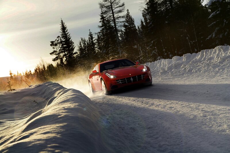 Red Sports Car in Snow — Dramatic, Winter, Photograph, Trees, White