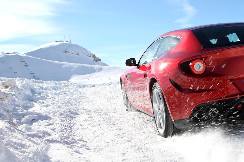 Red Sports Car in Snow — Dynamic, Winter, Photograph, Mountain, White