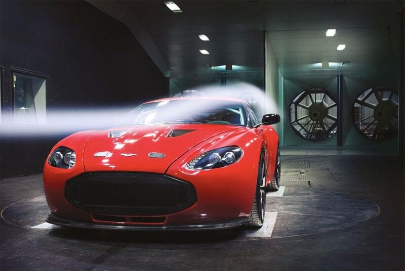 Red sports car in wind tunnel