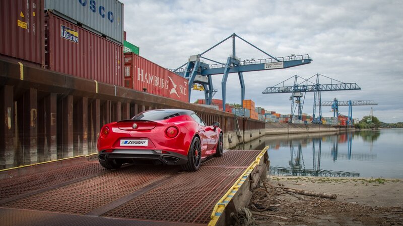 Red Sports Car — Industrial, Afternoon, Photograph, Container Ship