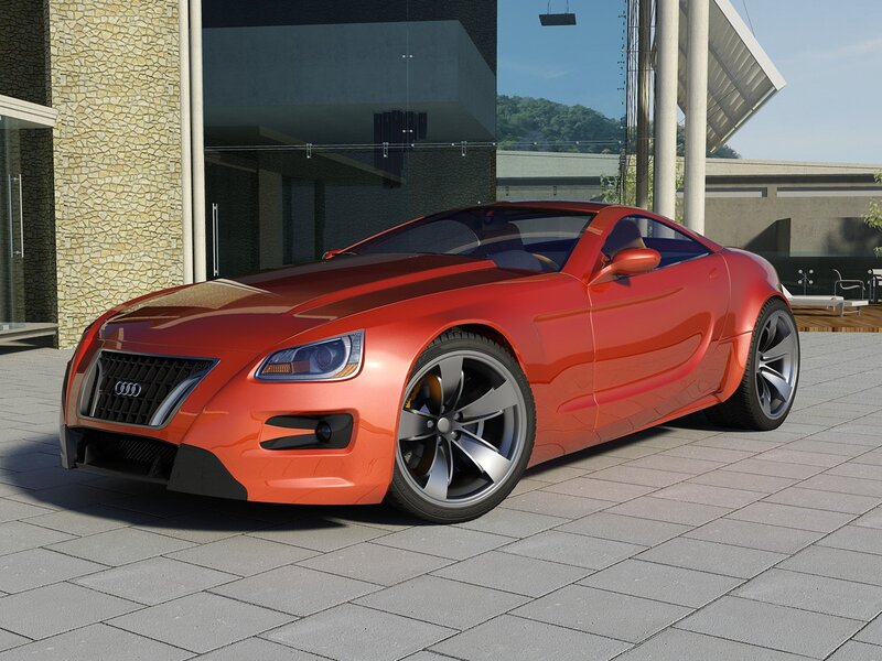 Red Sports Car — Modern, Afternoon, 3d Render, Building, Trees
