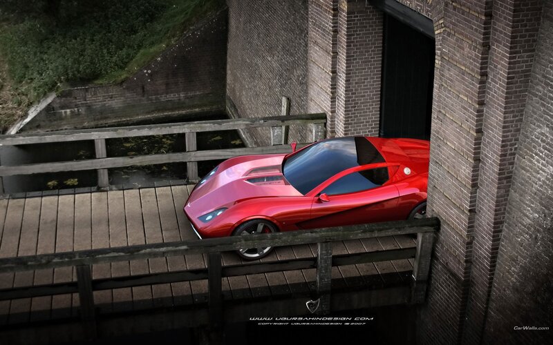 Red sports car on a bridge